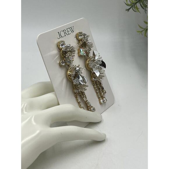 J. Crew White Crystal and Sequin Gold Tone Drop Dangle Earrings Shiny Bling New - Picture 8 of 13